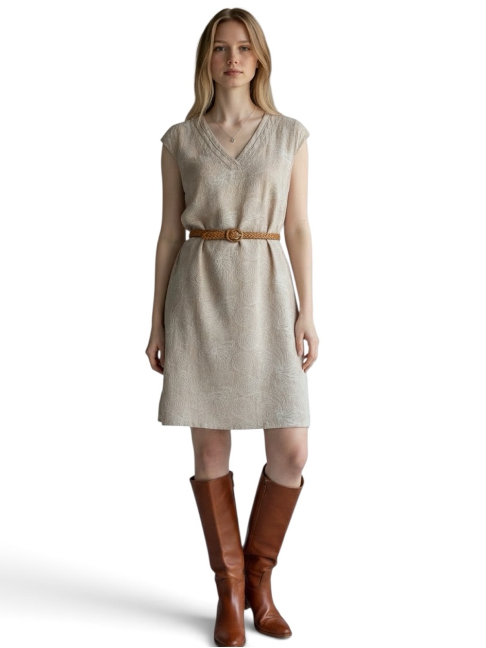 Textured V-Neck Cream Midi Dress with Cap Sleeves